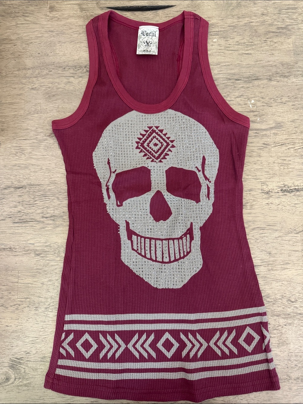 New Vocal Apparel Womens Crystal Burgundy Taupe Skull Aztec Tank Top S Small y2k